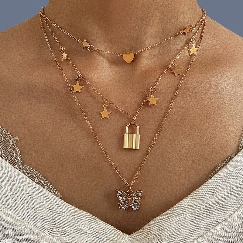 Gold Plated Butterfly inspired Layered Necklace For Women