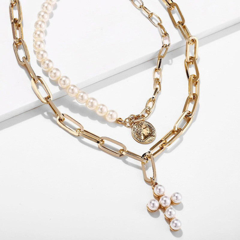 Gold-Toned Pearly White Layered Necklace For Women