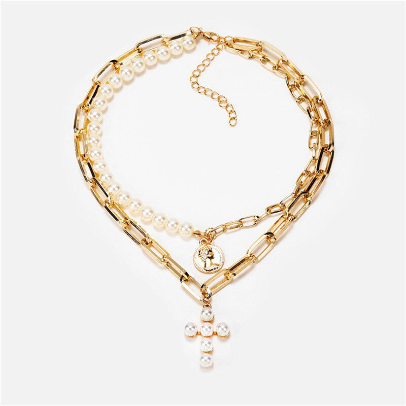 Gold-Toned Pearly White Layered Necklace For Women