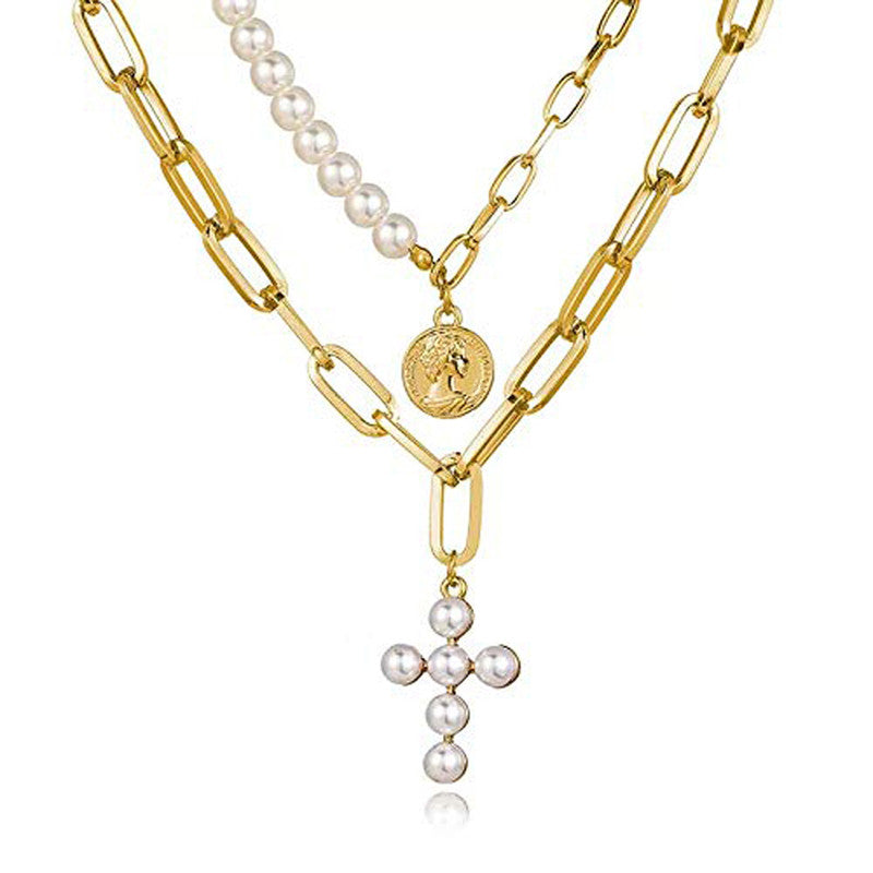 Gold-Toned Pearly White Layered Necklace For Women