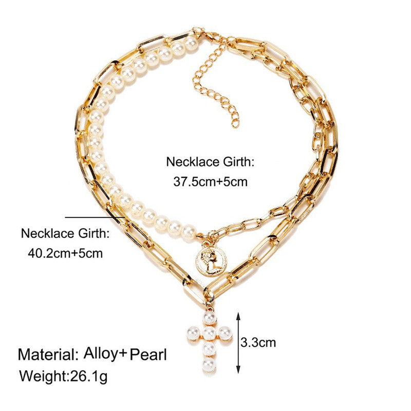 Gold-Toned Pearly White Layered Necklace For Women