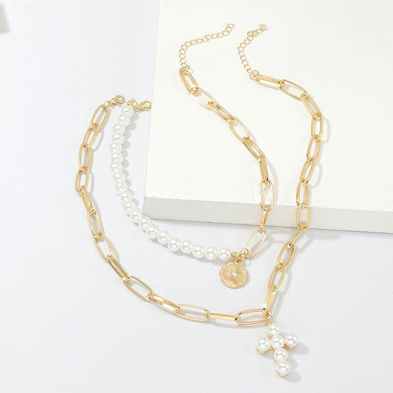 Gold-Toned Pearly White Layered Necklace For Women