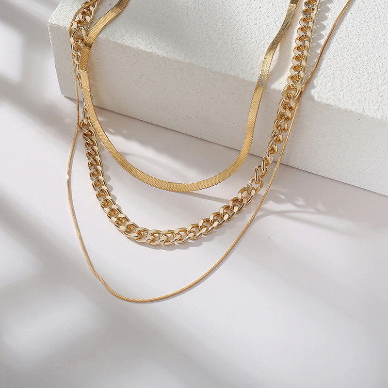 Gold Plated Gold Toned Triple Layered Necklace For Women