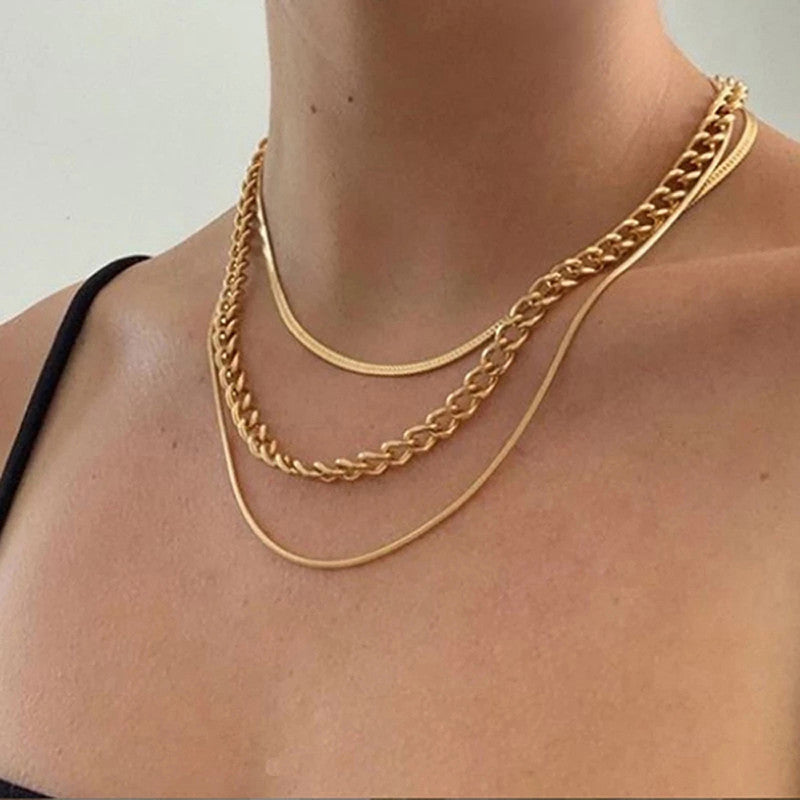 Gold Plated Gold Toned Triple Layered Necklace For Women