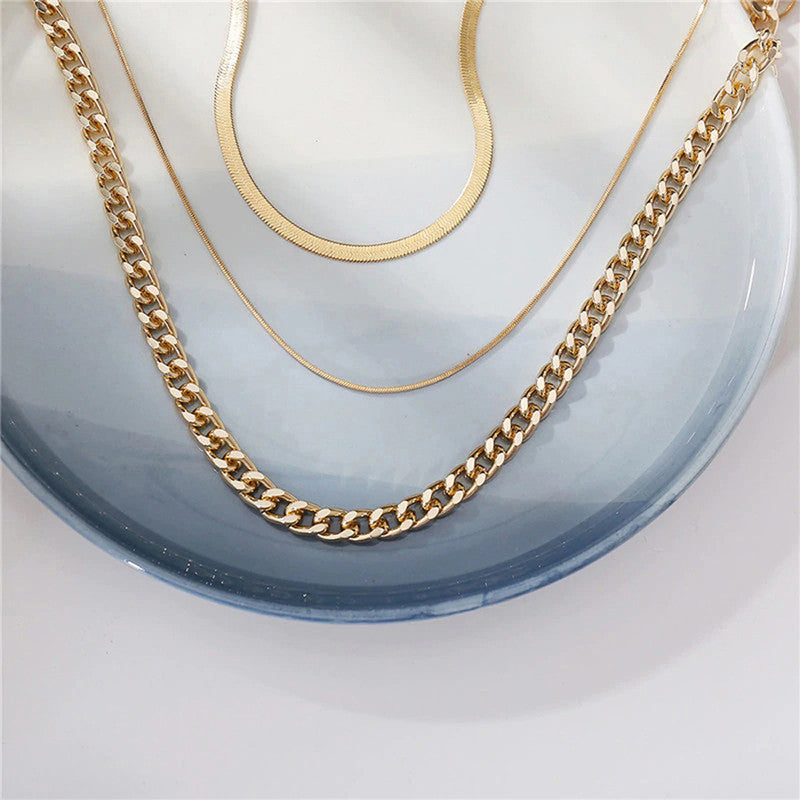 Gold Plated Gold Toned Triple Layered Necklace For Women