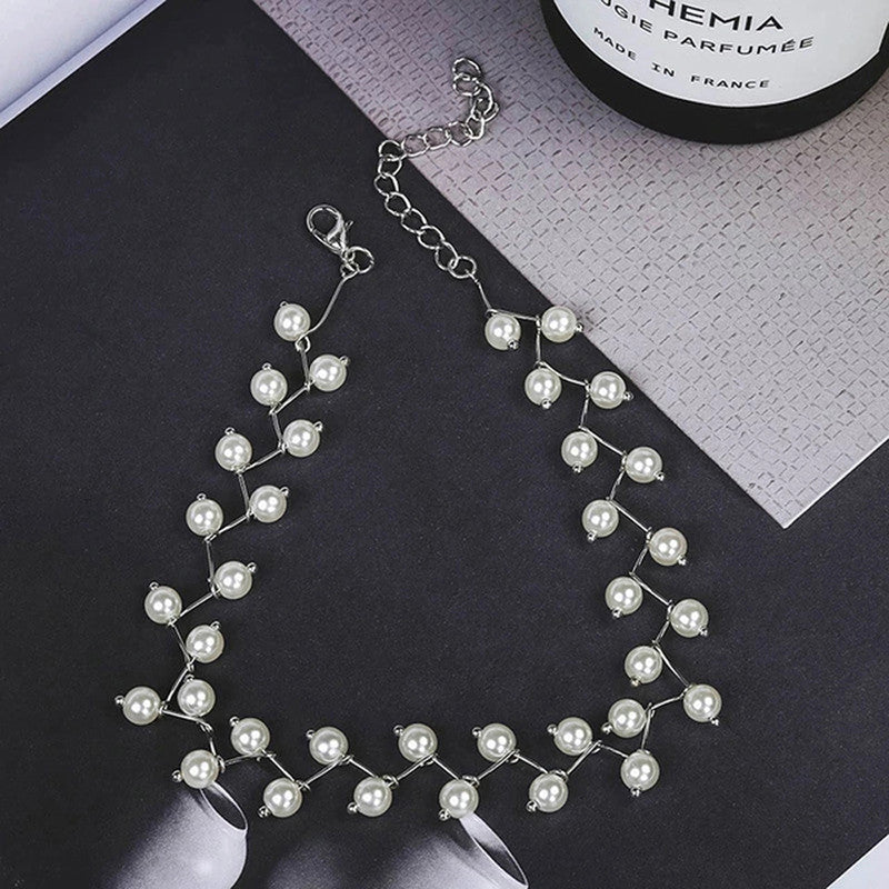 Pearl Studded Single Layer Silver Plated Necklace Jewellery For Women