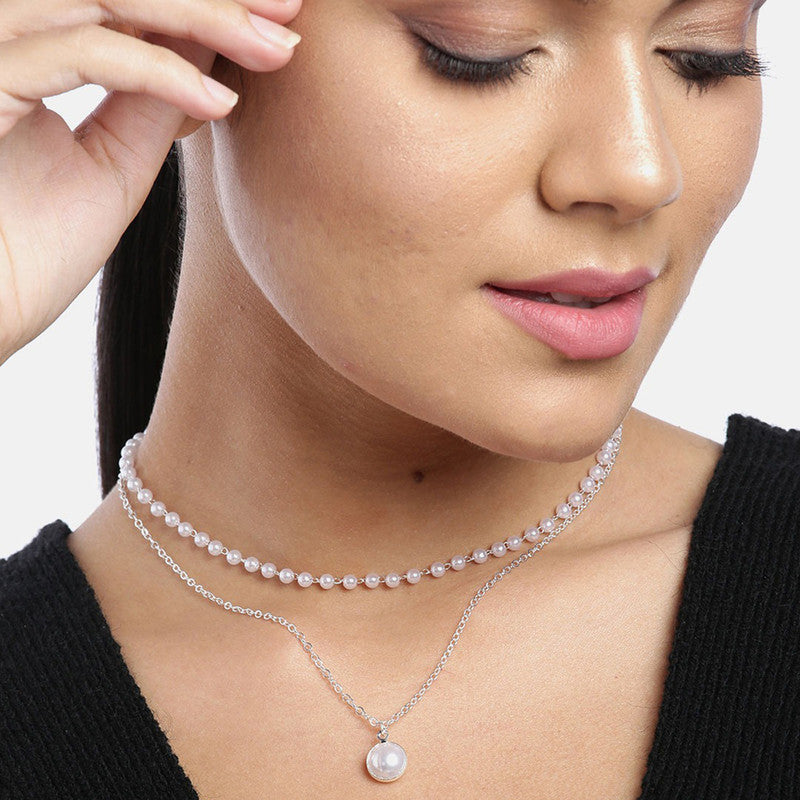 Pearl Studded Silver Plated Double Layer Necklace Jewellery