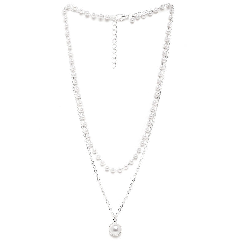 Pearl Studded Silver Plated Double Layer Necklace Jewellery