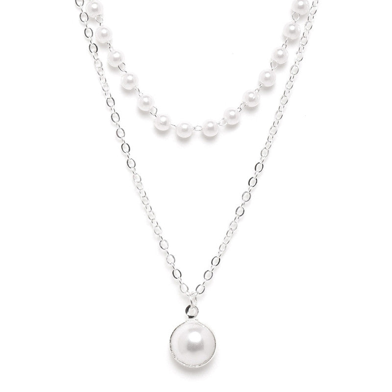 Pearl Studded Silver Plated Double Layer Necklace Jewellery