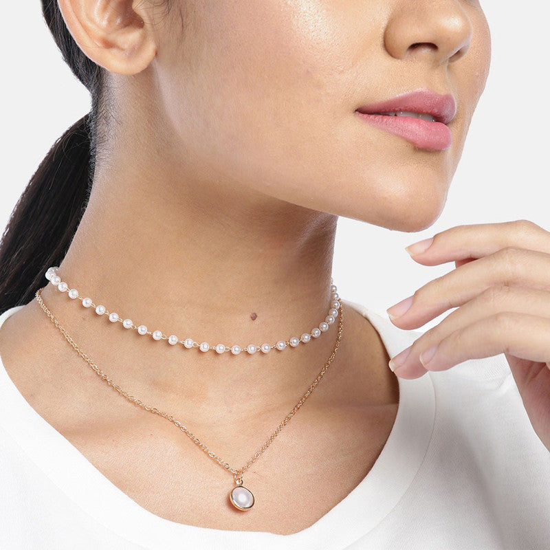 Pearl Studded Gold Plated Double Layer Necklace Jewellery