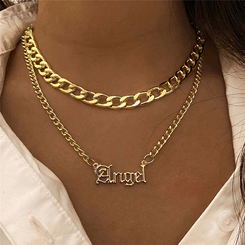 Angel Text Gold Plated Multi Strand Necklace For Women