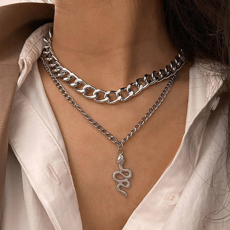 Snake inspired Silver Plated Layered Necklace For Women