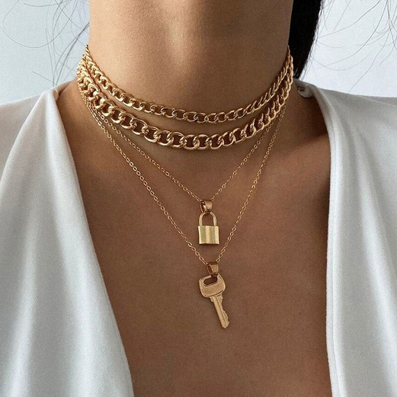 Gold Plated Lock-Key Layered Necklace For Women