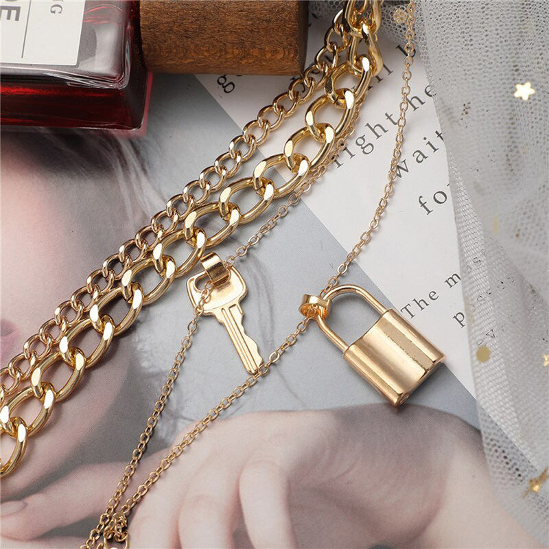 Gold Plated Lock-Key Layered Necklace For Women