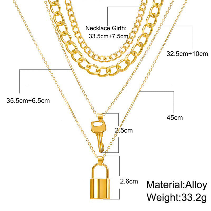 Gold Plated Lock-Key Layered Necklace For Women