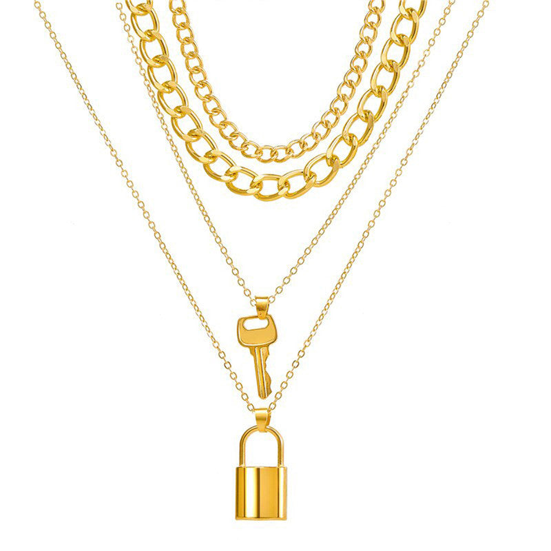 Gold Plated Lock-Key Layered Necklace For Women