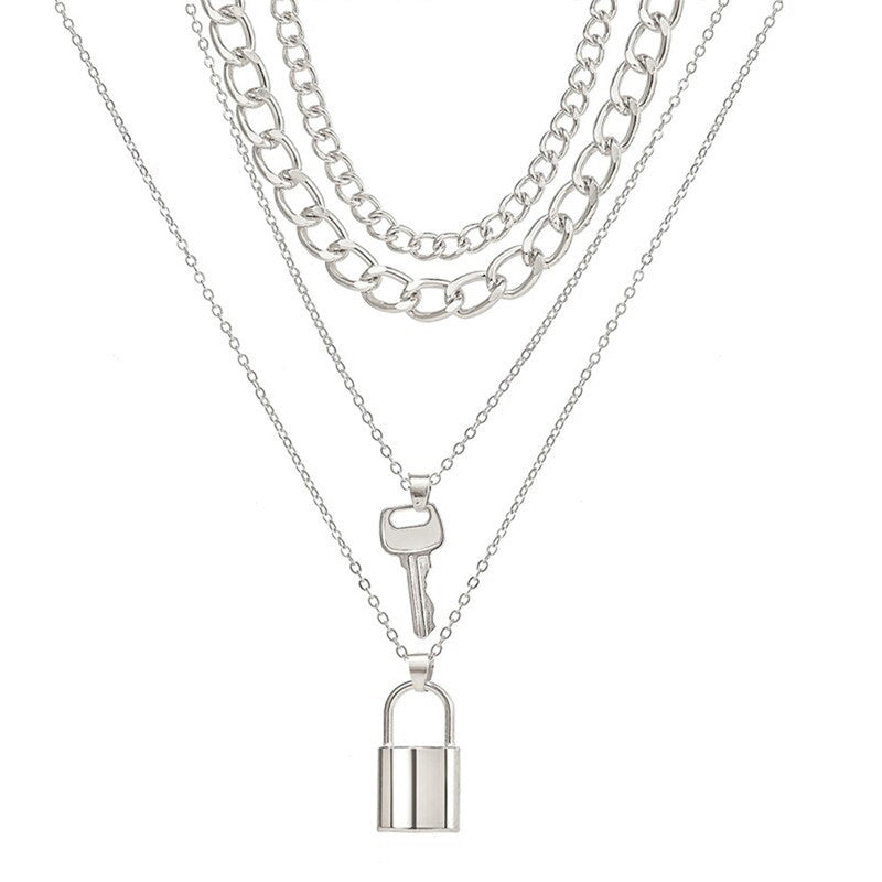 Silver Plated Lock-Key Layered Necklace For Women