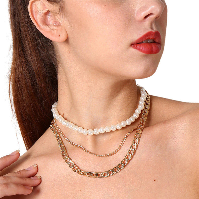 Gold Plated Baroque Pearls Multi Layered Choker Necklace For Women