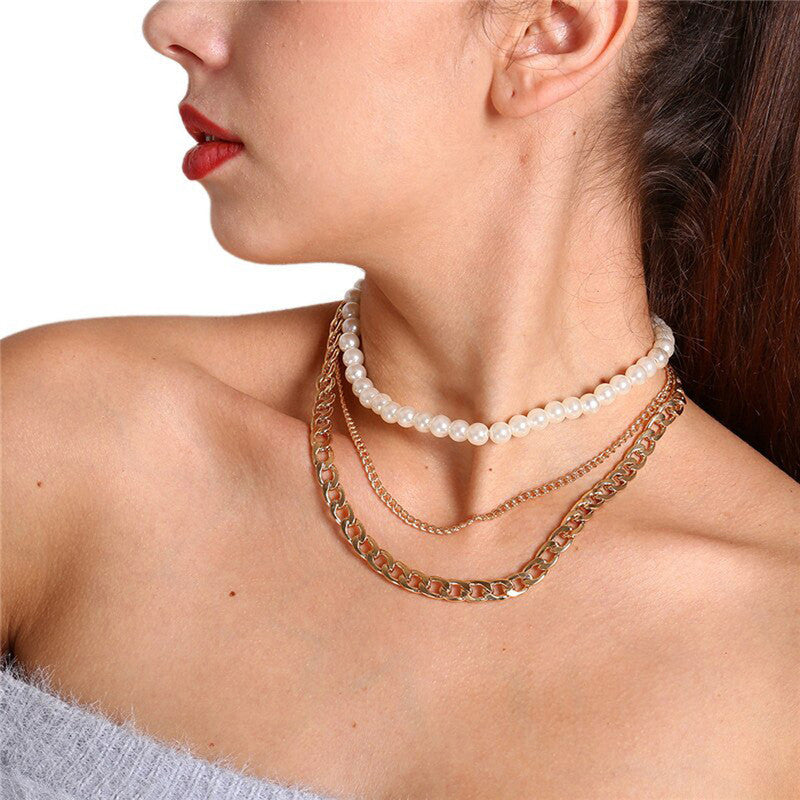 Gold Plated Baroque Pearls Multi Layered Choker Necklace For Women