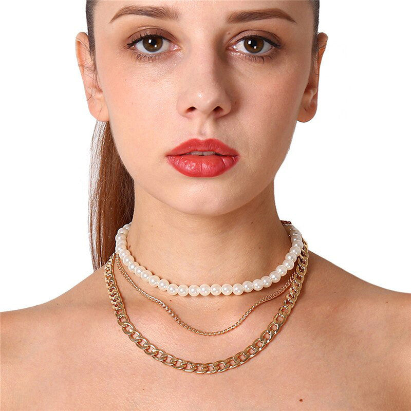 Gold Plated Baroque Pearls Multi Layered Choker Necklace For Women