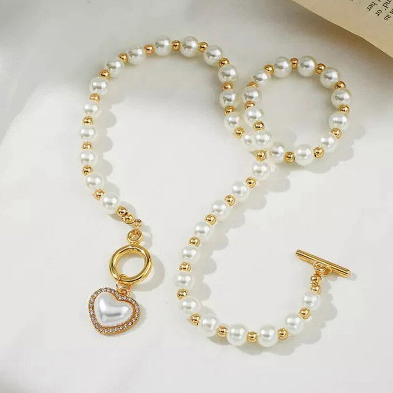 White Gold Plated Heart inspired Pearl Necklace For Women