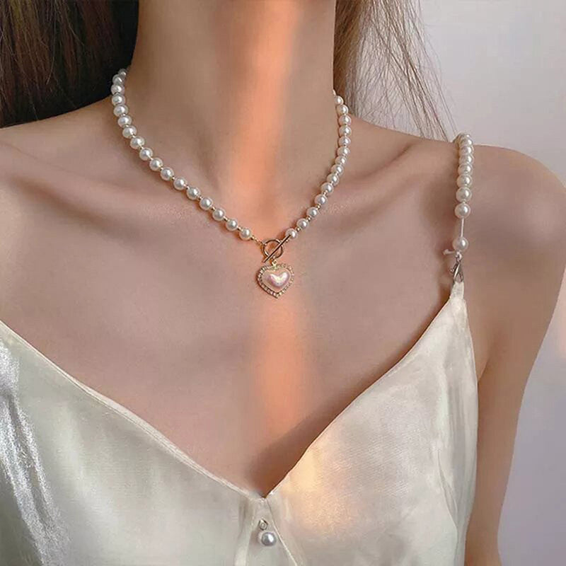 White Gold Plated Heart inspired Pearl Necklace For Women