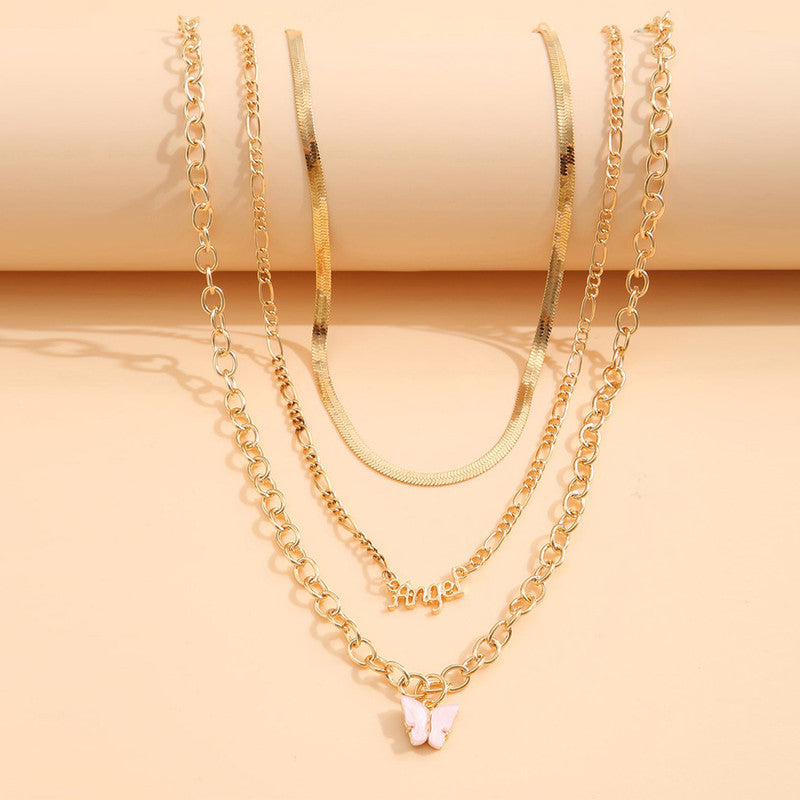 Gold Plated "Angel" Layered Necklace with a Butterfly Necklace For Women