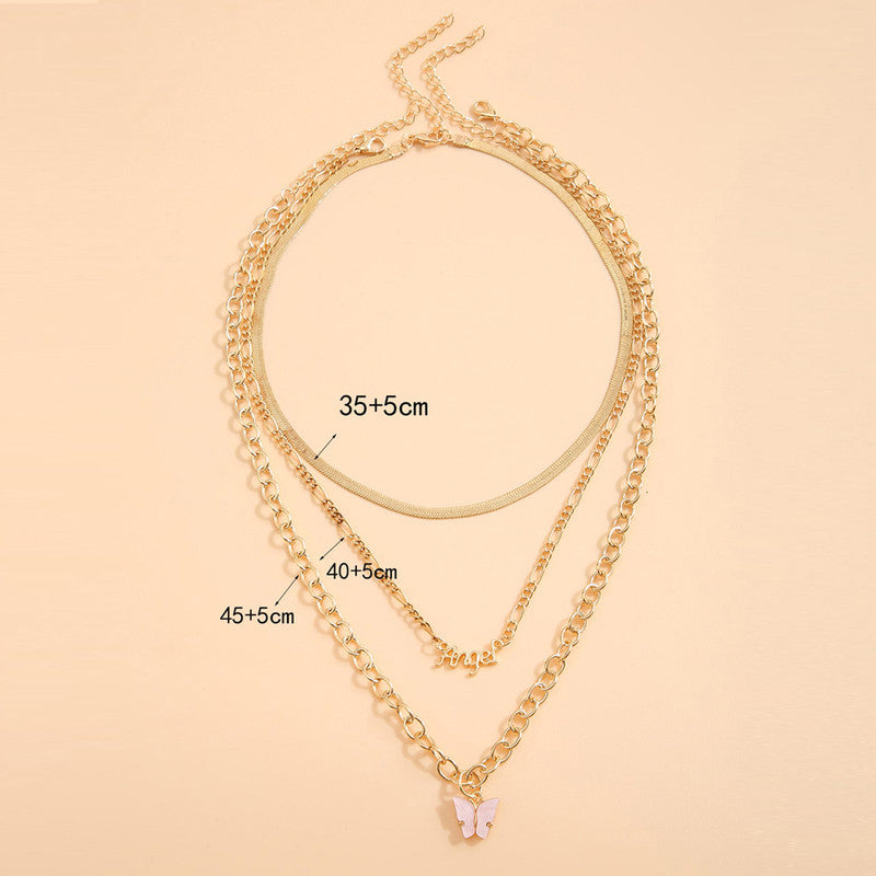 Gold Plated "Angel" Layered Necklace with a Butterfly Necklace For Women