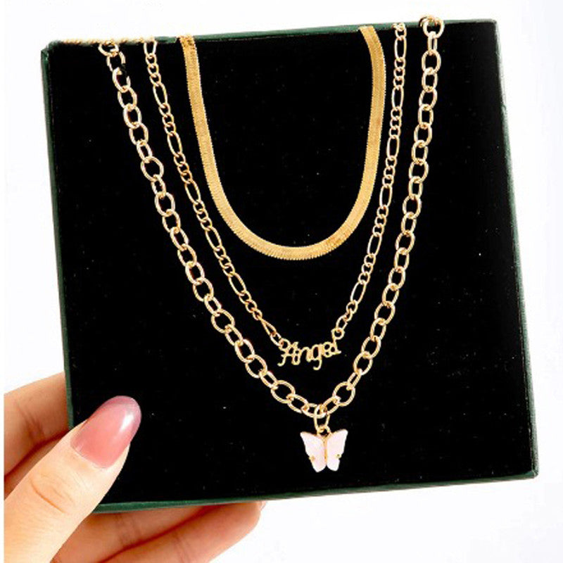 Gold Plated "Angel" Layered Necklace with a Butterfly Necklace For Women