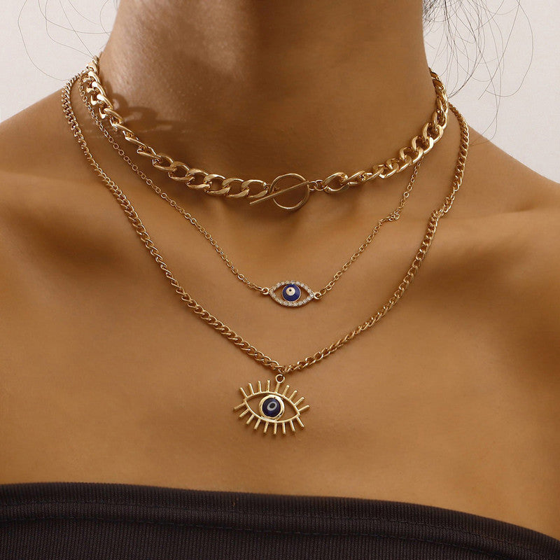 Gold Plated Gold-Toned Evil Eye Layered Necklace For Women