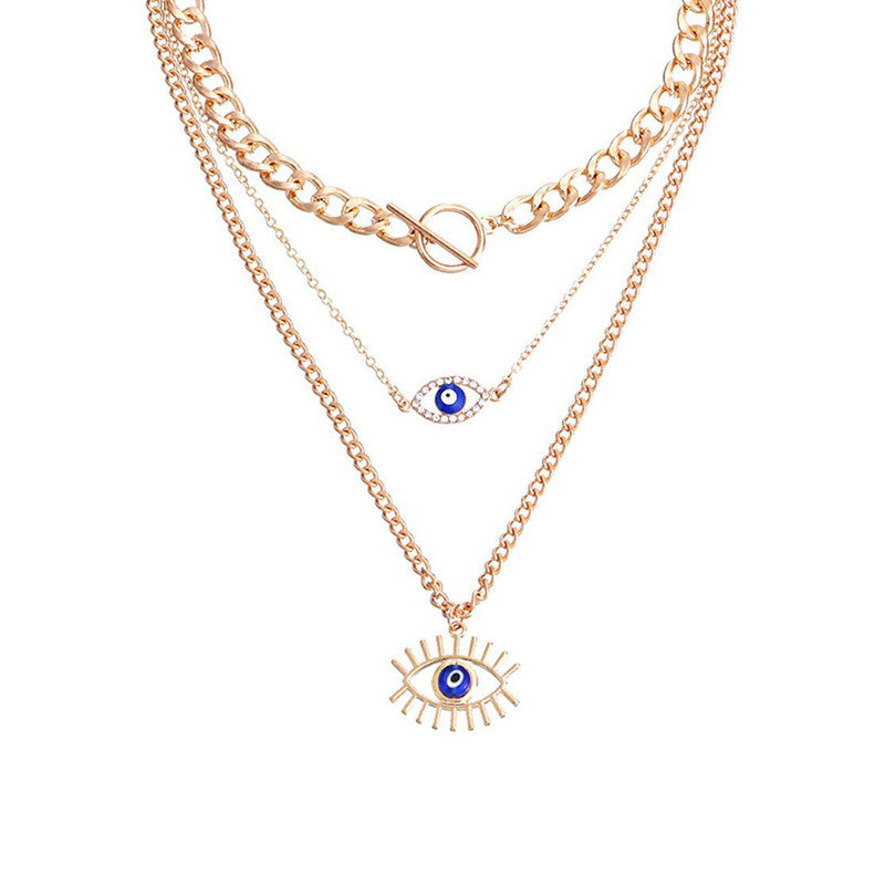 Gold Plated Gold-Toned Evil Eye Layered Necklace For Women