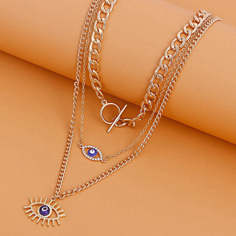 Gold Plated Gold-Toned Evil Eye Layered Necklace For Women