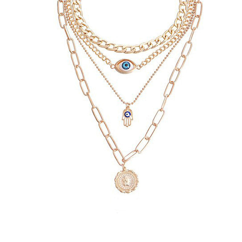 Gold Plated Gold-Toned Evil Eye and Buddha Hand Layered Necklace For Women