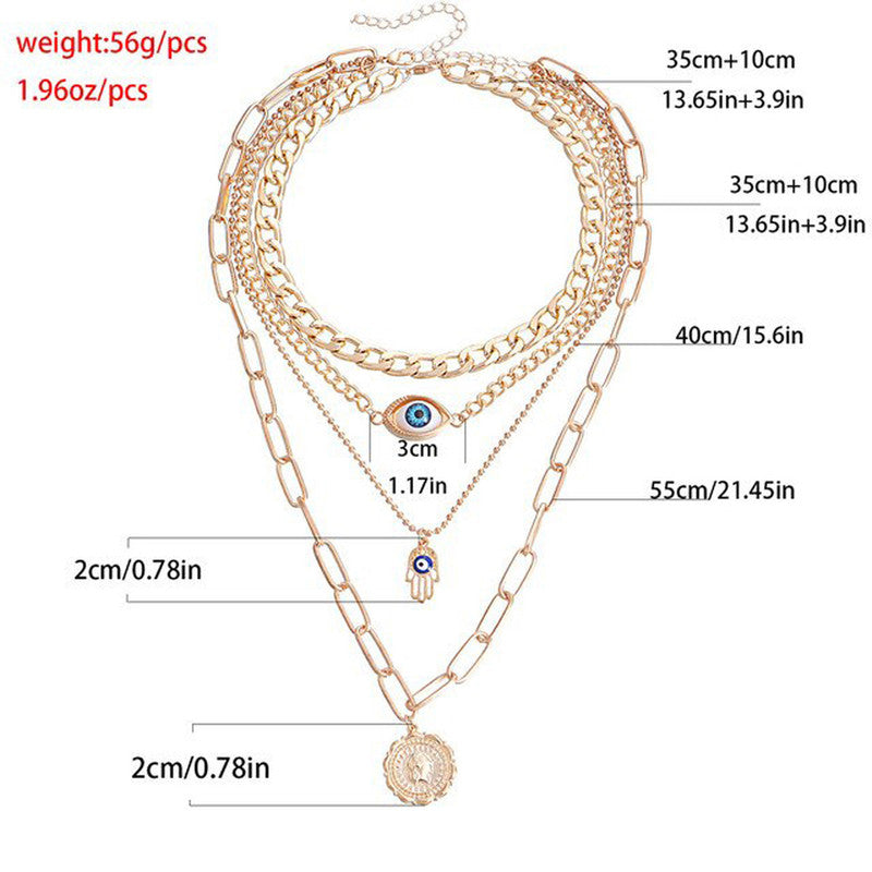 Gold Plated Gold-Toned Evil Eye and Buddha Hand Layered Necklace For Women