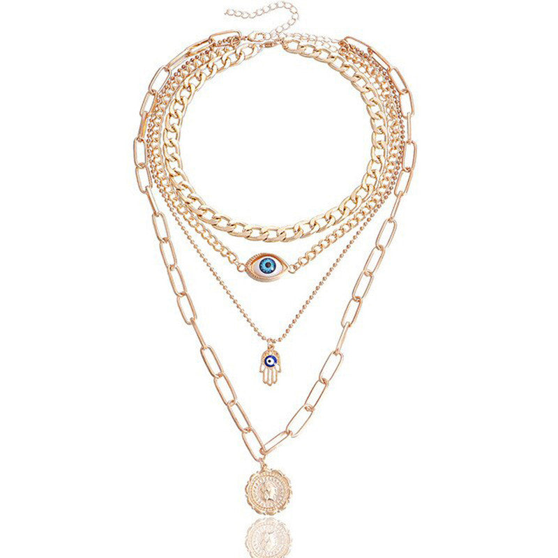 Gold Plated Gold-Toned Evil Eye and Buddha Hand Layered Necklace For Women