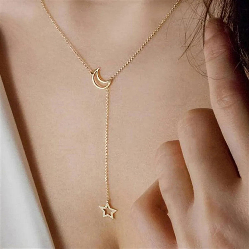 Gold-Toned Gold Plated Moon-Star Necklace For Women