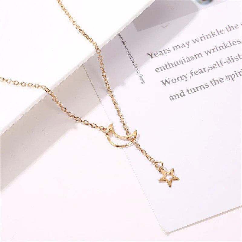 Gold-Toned Gold Plated Moon-Star Necklace For Women