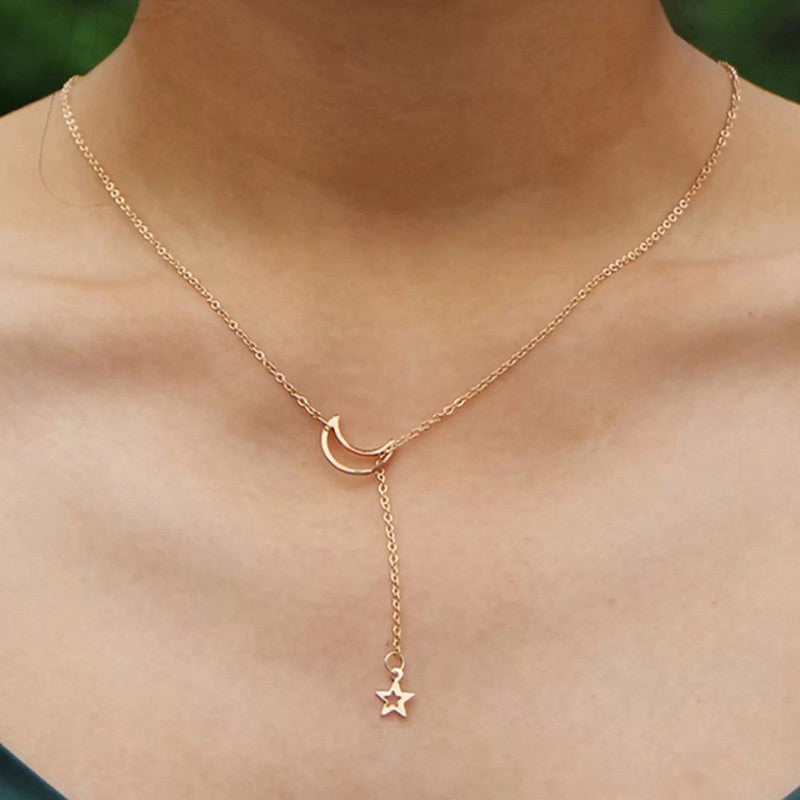 Gold-Toned Gold Plated Moon-Star Necklace For Women