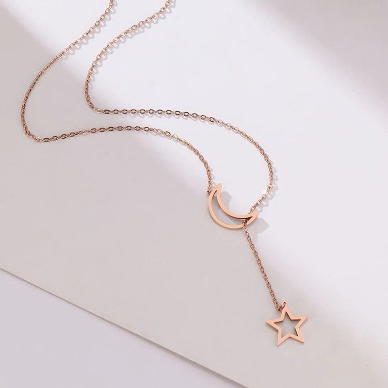 Gold-Toned Gold Plated Moon-Star Necklace For Women