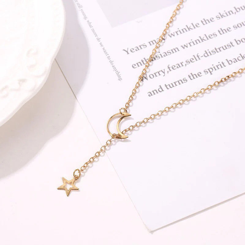 Gold-Toned Gold Plated Moon-Star Necklace For Women