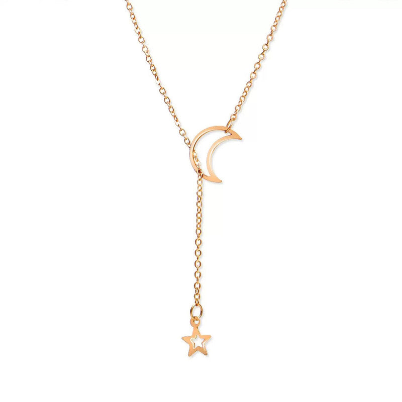 Gold-Toned Gold Plated Moon-Star Necklace For Women