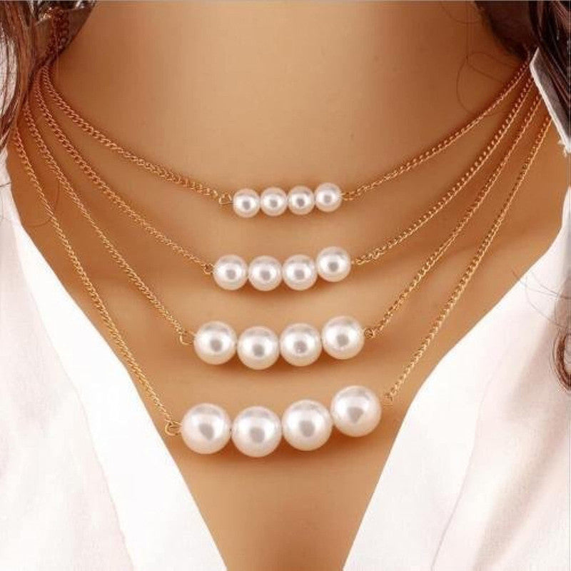 White Gold Plated Pearl Studded Multi-Strand Layered Necklace For Women