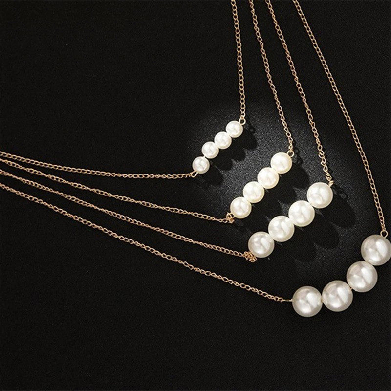 White Gold Plated Pearl Studded Multi-Strand Layered Necklace For Women