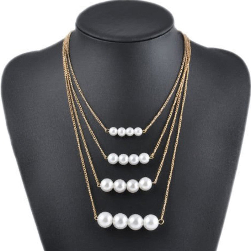 White Gold Plated Pearl Studded Multi-Strand Layered Necklace For Women - MySmartBazaar