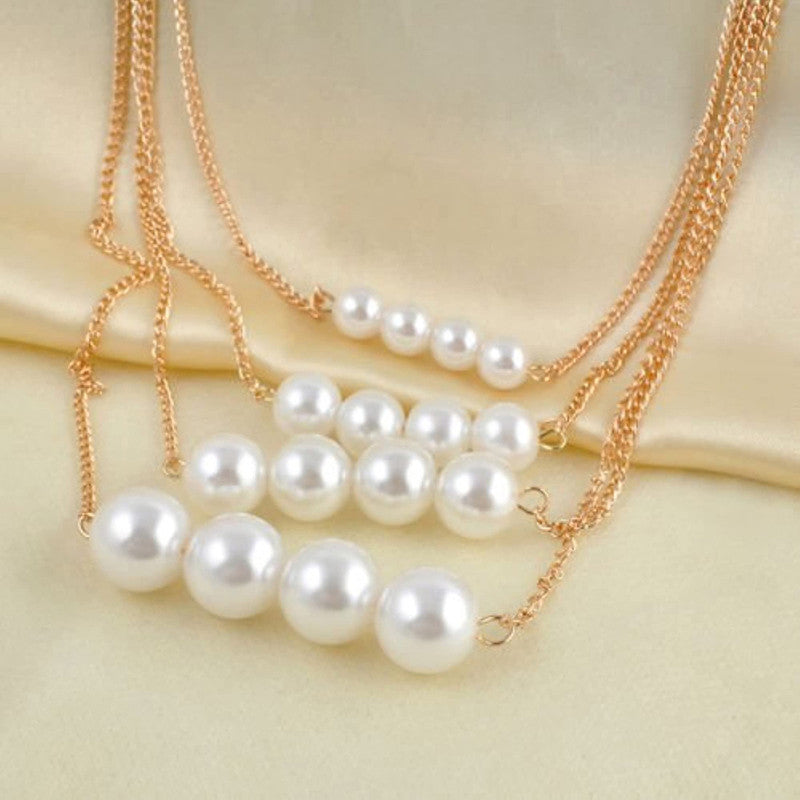 White Gold Plated Pearl Studded Multi-Strand Layered Necklace For Women - MySmartBazaar