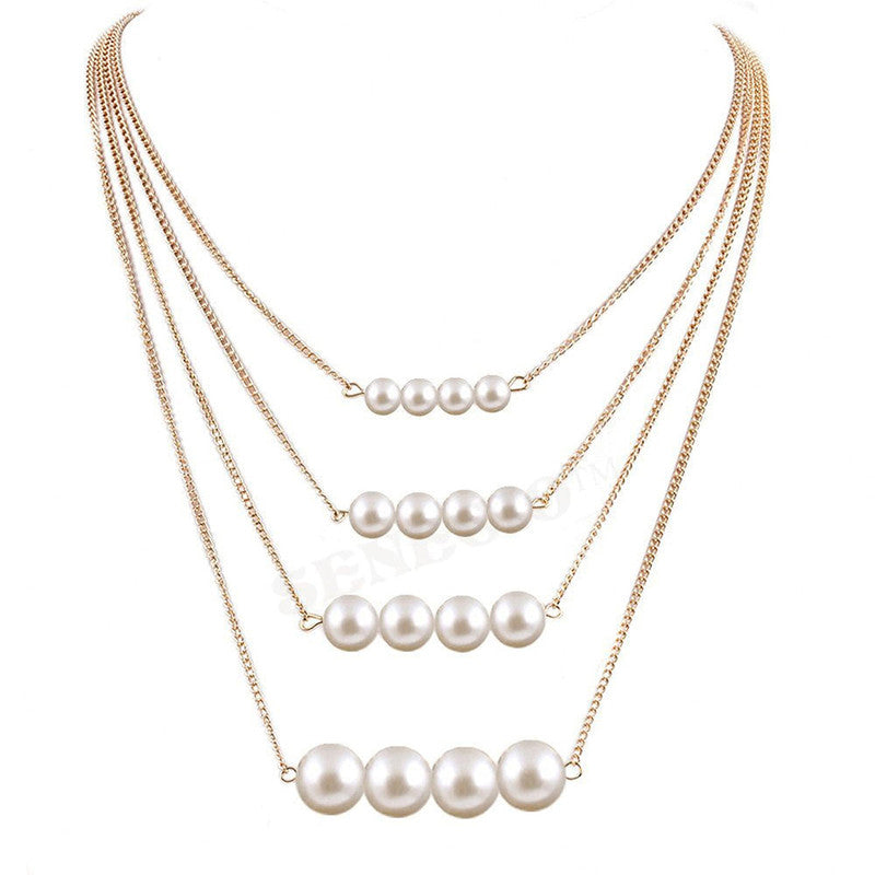 White Gold Plated Pearl Studded Multi-Strand Layered Necklace For Women - MySmartBazaar