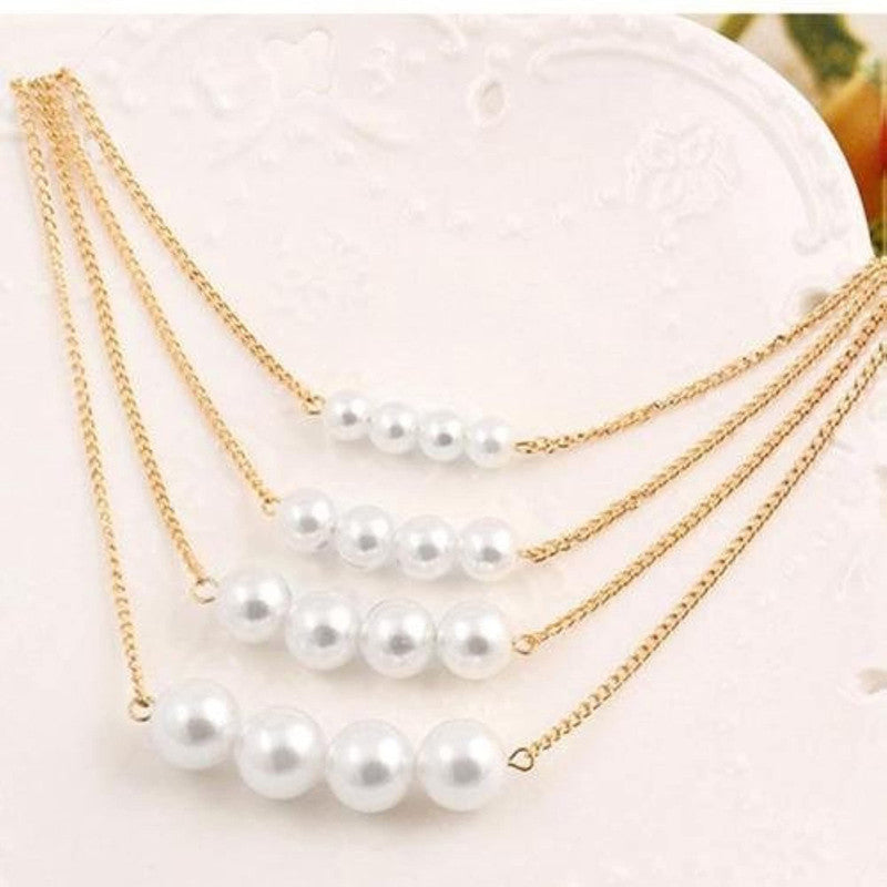 White Gold Plated Pearl Studded Multi-Strand Layered Necklace For Women - MySmartBazaar