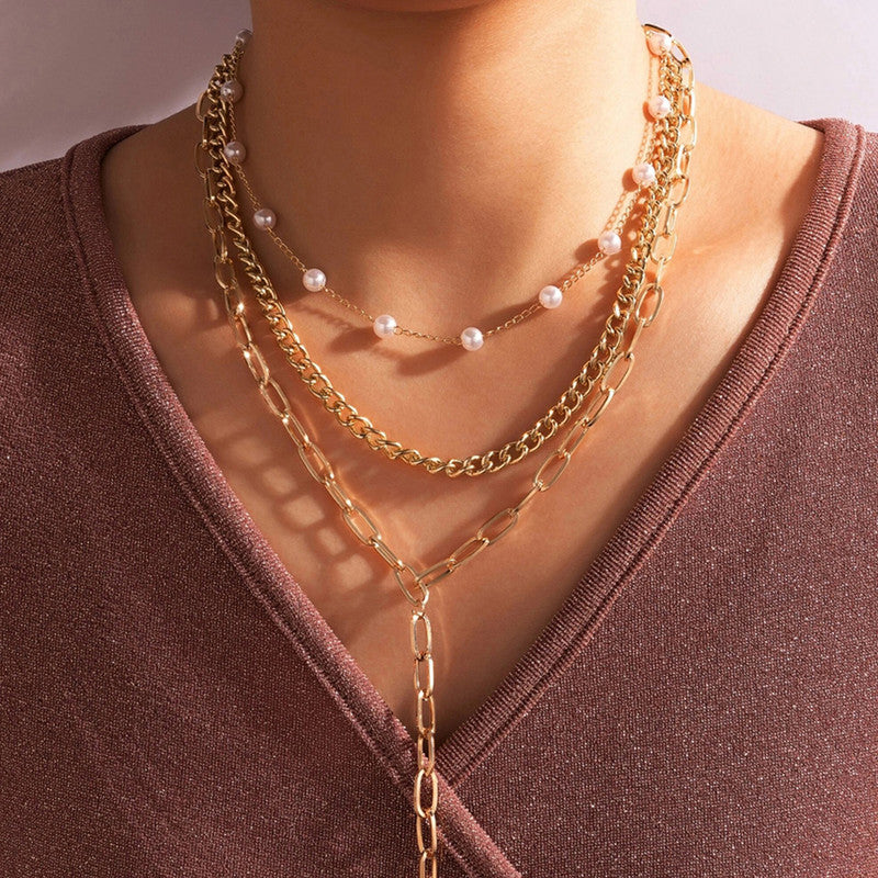 Gold Plated White Pearl Studded Multi-Strand Long Layered Necklace For Women