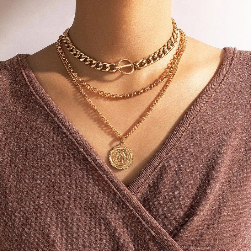 Gold-Plated Gold Toned Multi Layer Coin Layered Necklace Pack of 3 For Women