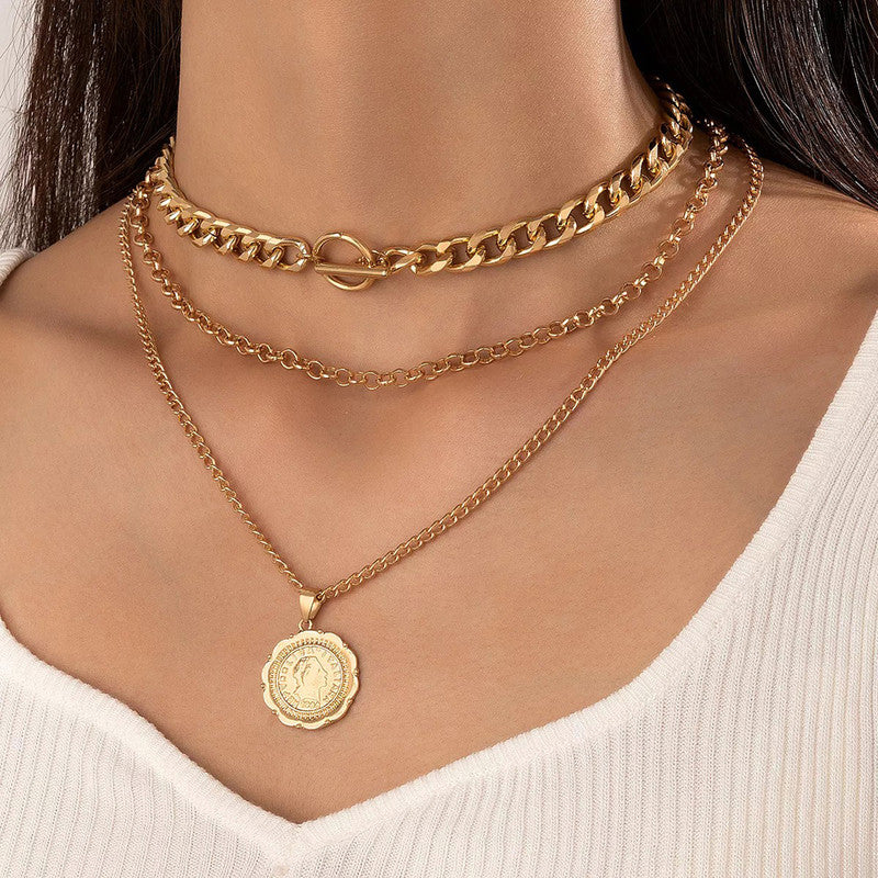 Gold-Plated Gold Toned Multi Layer Coin Layered Necklace Pack of 3 For Women